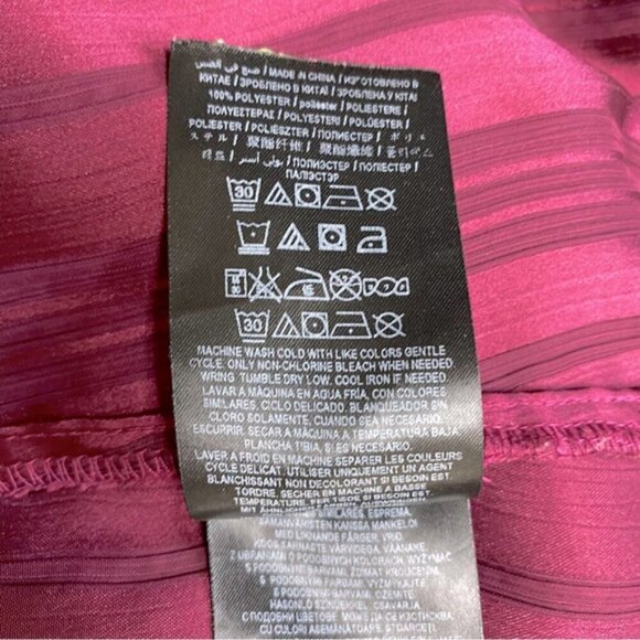 Guess Burgundy Satiny Semi Sheer Striped Faux Wrap Blouse W Neck Tie L - Picture 5 of 16